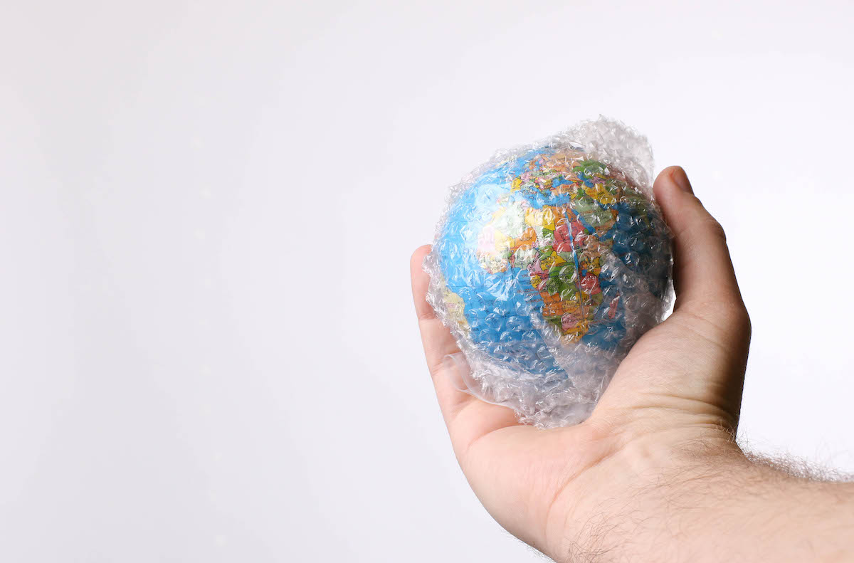 A small globe wrapped in bubble wrap
