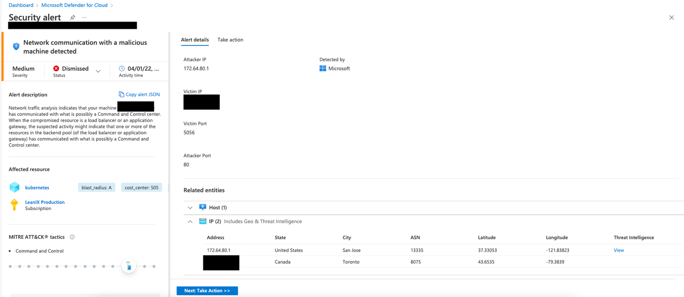Screenshot of Azure portal - Microsoft Defender for Cloud security alert