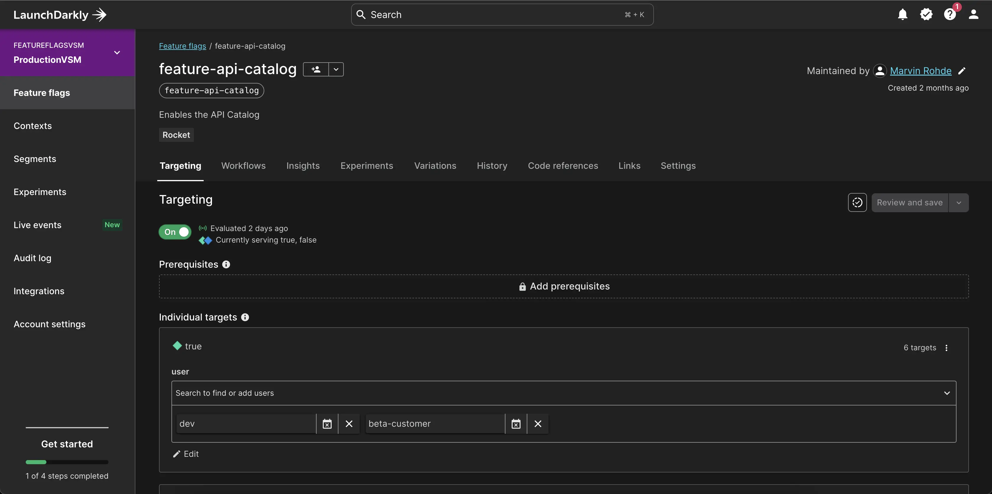 User interface of LaunchDarkly when adjusting settings of a feature flag