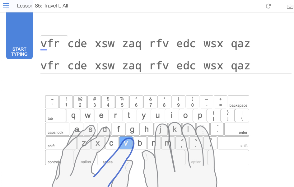 Practicing touch typing at https://www.edclub.com/sportal/